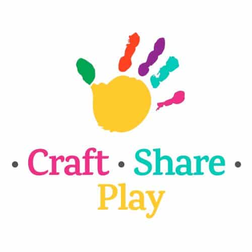 The Craft Share Play logo in different colors with a multicolored paint handprint.