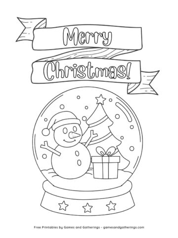 A coloring page wih a Chrismas Snow Globe with a snowman inside and a banner on top with the text "Merry Christmas!"