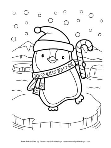 A cute Christmas coloring page with a Christmas penguin on an ice block with an ice scene in the background.