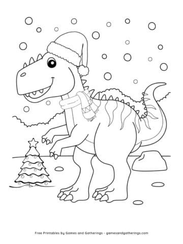 A free printable Christmas Coloring page with a T-rex with a scarf and a Christmas Hat, and a small Christmas tree.