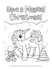 A coloring page with a unicorn, a teddy bear, a tiny Christmas tree, and the words "Have a Magical Christmas!"
