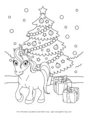 A coloring sheet with a unicorn in front of a large decorated Christmas Tree and some presents.