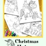 Several Christmas Unicorn coloring sheets on a gold background with some crayons and the text "Christmas unicorn free coloring pages" and "craftshareplay.com."