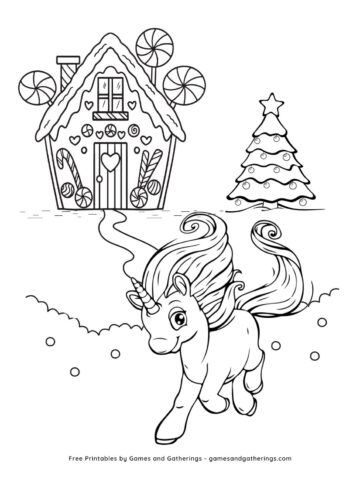 A free printable coloring page with a unicorn running and a gingerbread house and Christmas tree in the background.