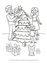 A Christmas coloring sheet with a family decorating a christmas tree, and a dog and some presents nearby.