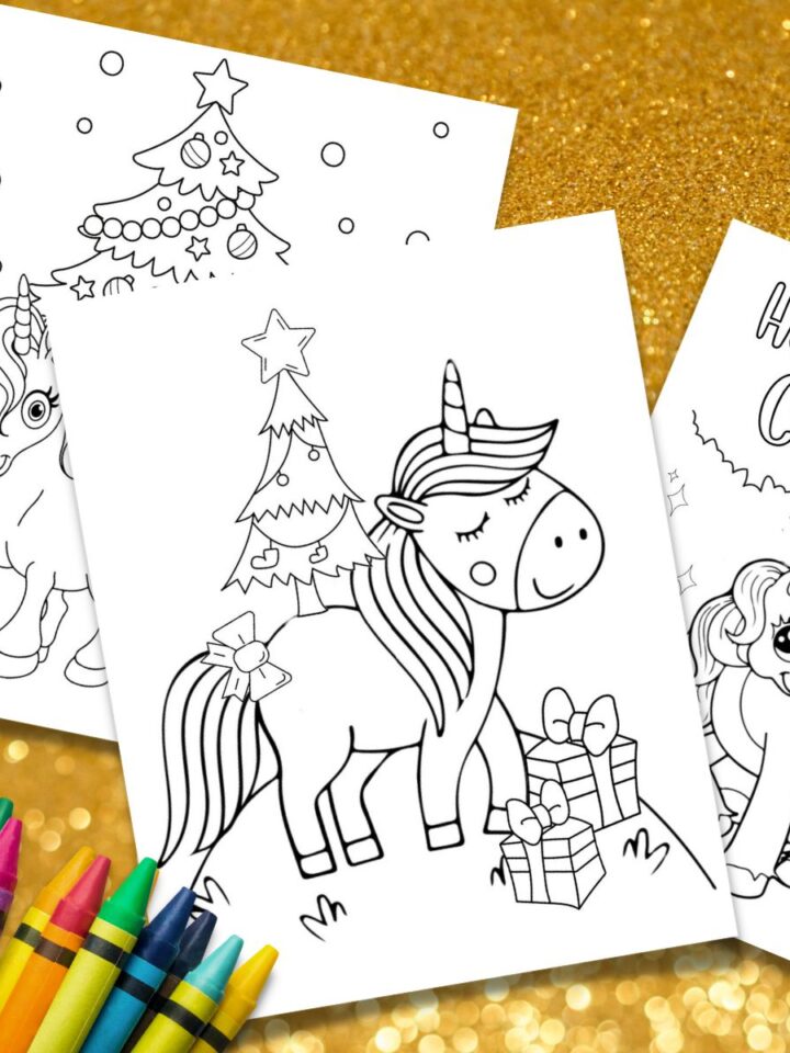 3 printable Christmas Unicorn coloring pages on a gold background with some crayons.