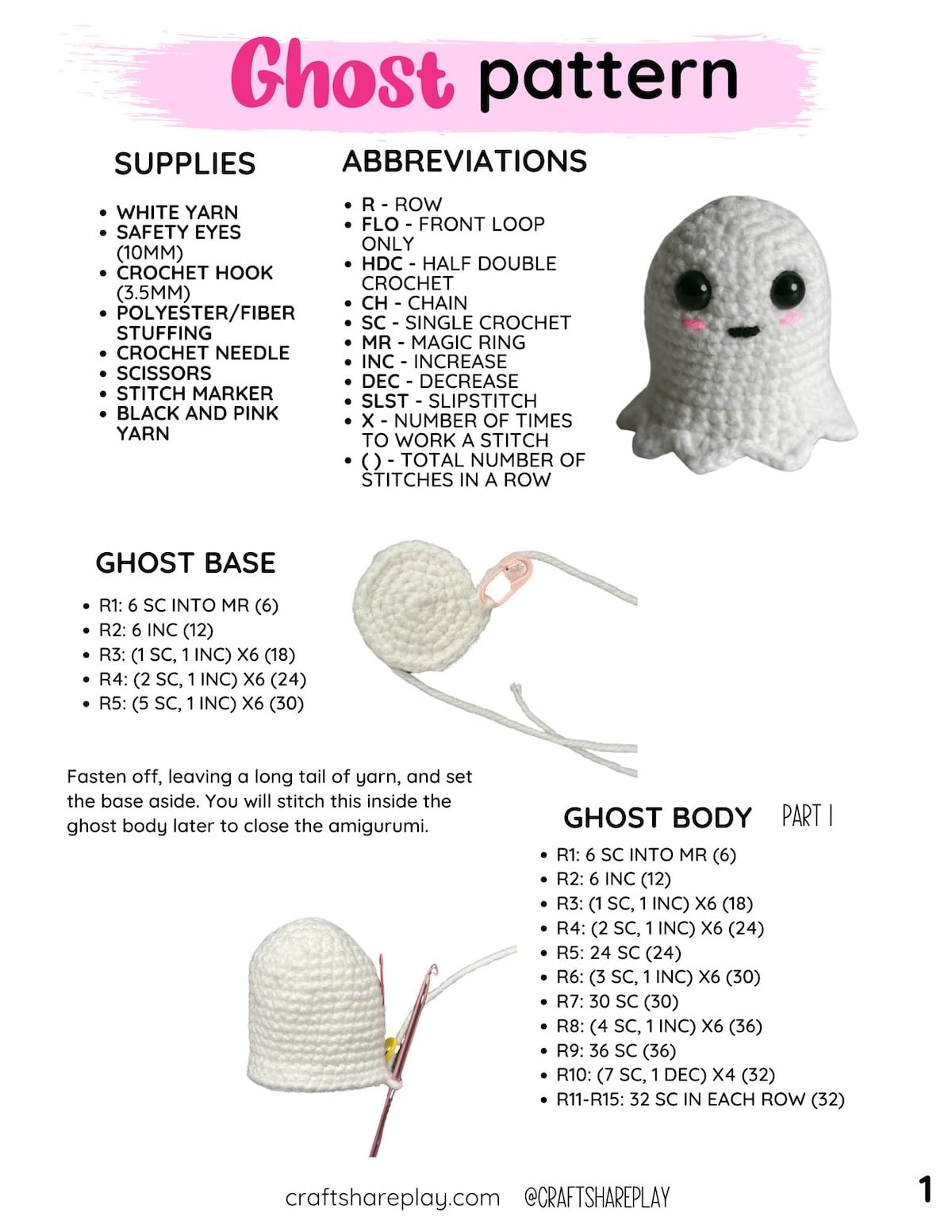 page one of a free ghost amigurumi pattern