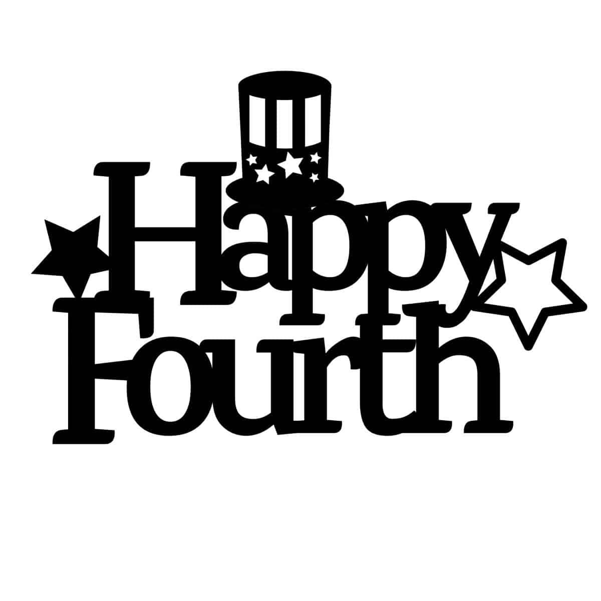 A "happy Fourth" cake topper graphic with stars and a Fourth of July hat.