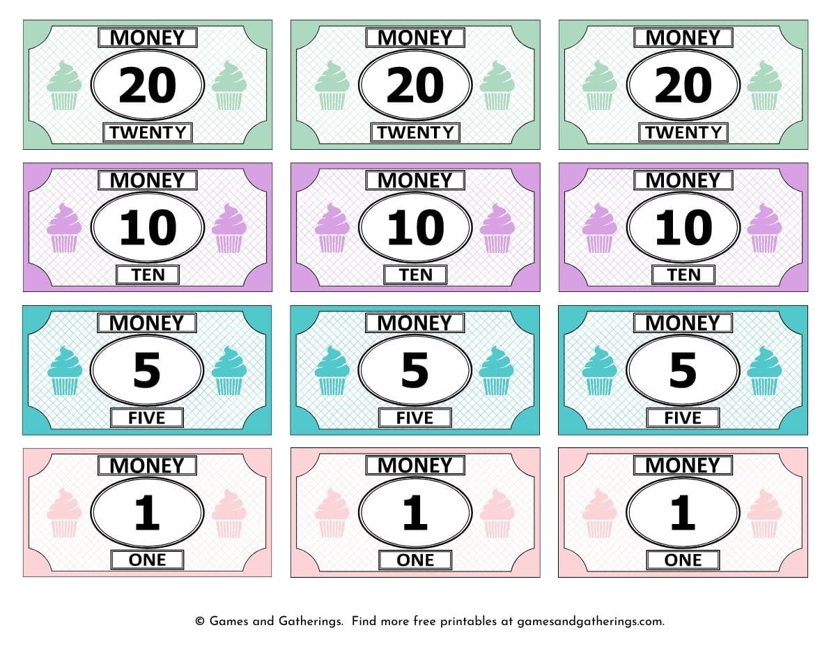 A page of colorful printable play with cupcakes on the bills.