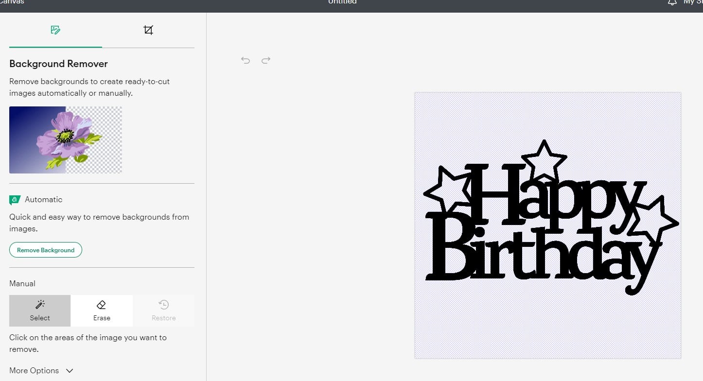 A screenshot showing Cricut design space and how you remove the background from the image.