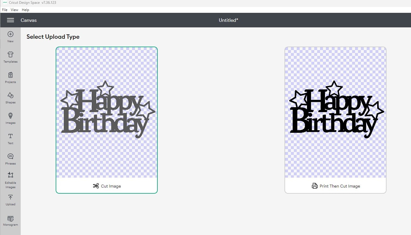 A screenshot showing the 4th of July cake topper on Cricut design space after it has been upladed, and how you choose to save it as a cut image.