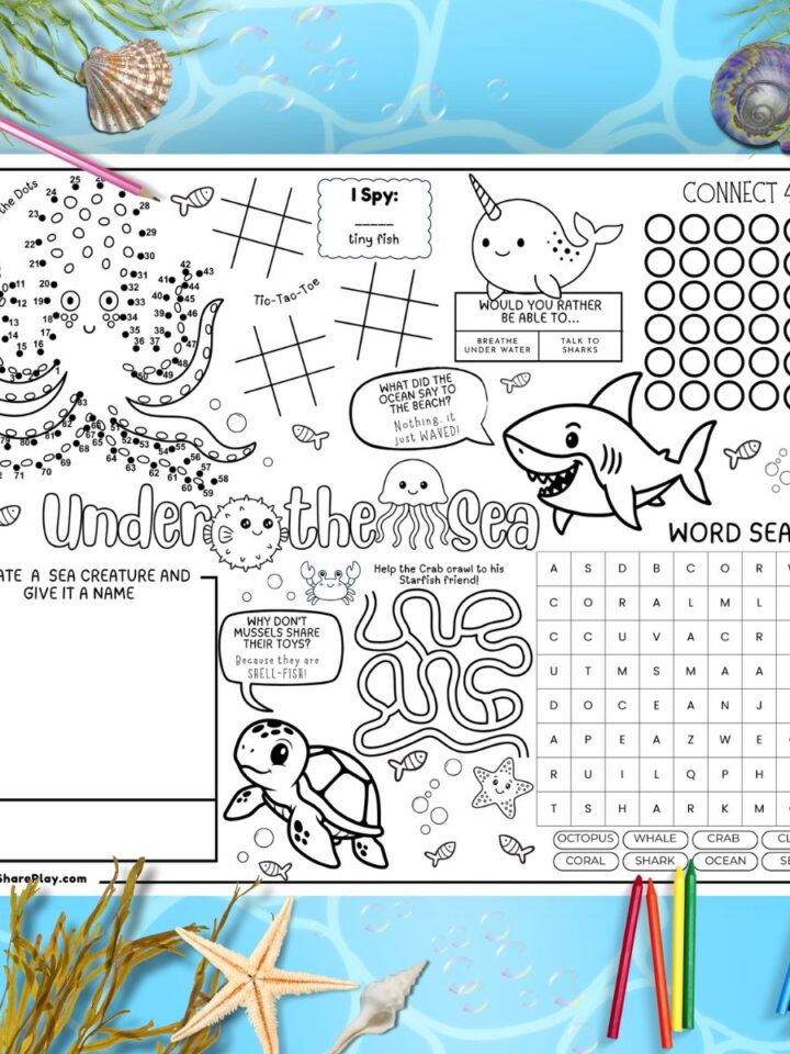Free under the sea activity placemat printable for kids with a word search, maze, connect the dots, tic-tac-toe, and drawing prompt — shown on a blue ocean-themed background with seashells and colored pencils