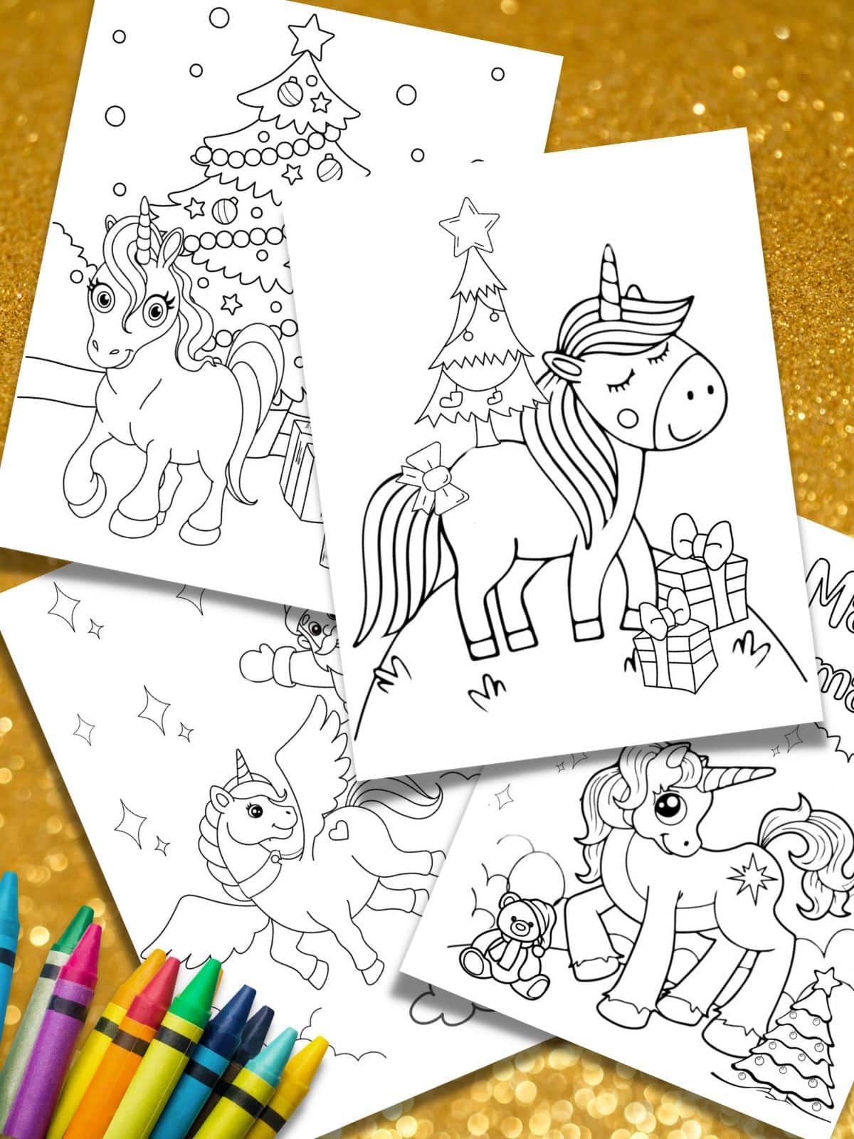 3 free Holiday Unicorn coloring pages on a gold background with some crayons.