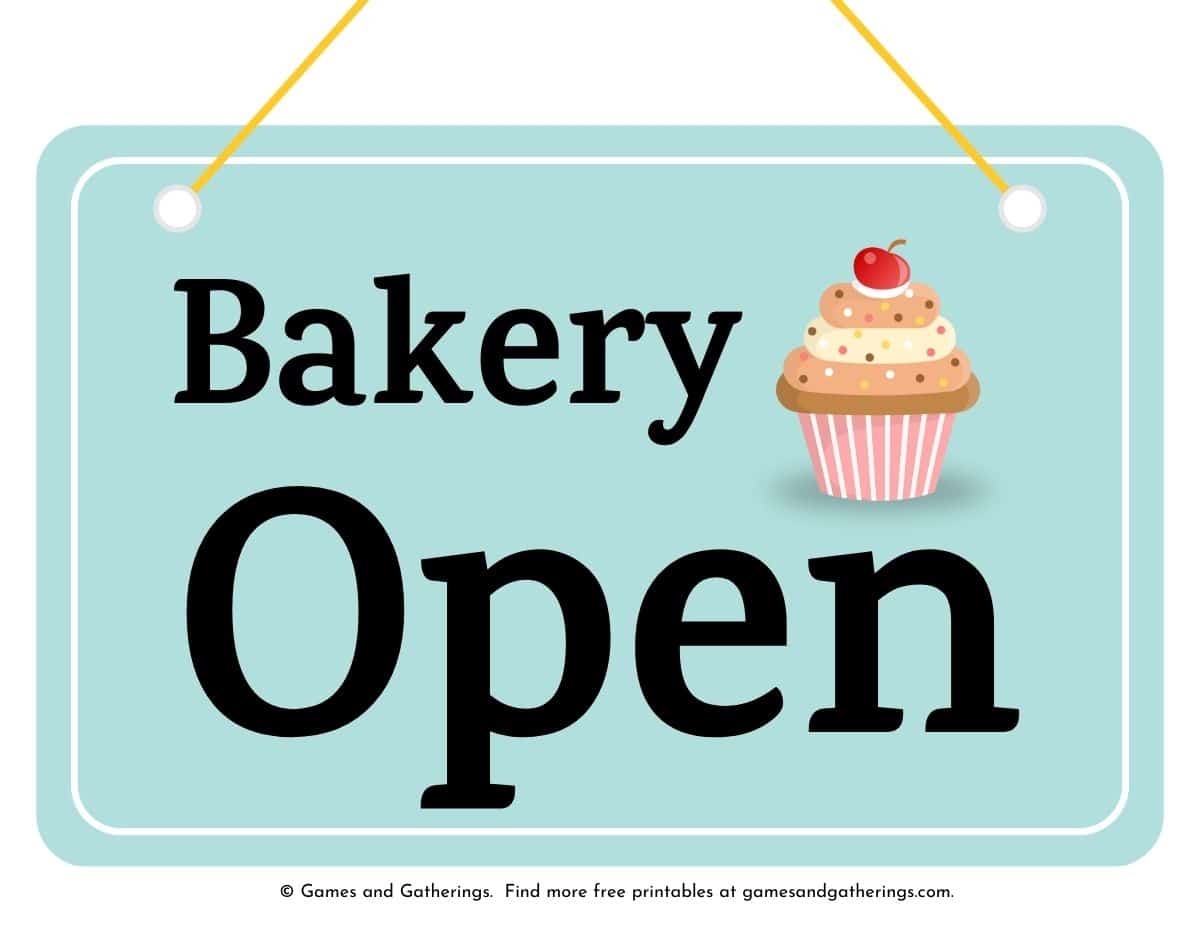 A printable open sign with the text "Bakery Open" and a cupcake.