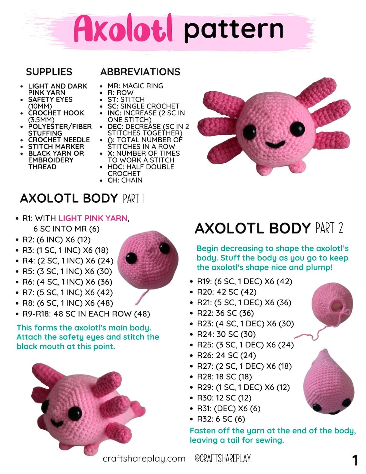 The first page of the 2-page free crochet axolotl pdf pattern.