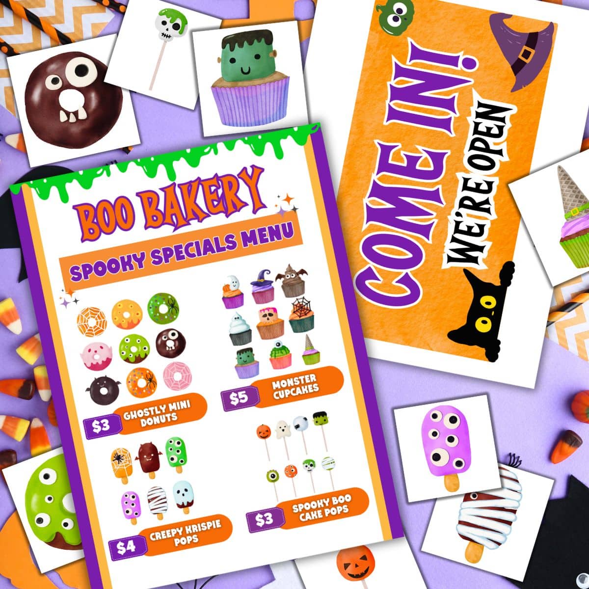 Flat lay of Halloween dramatic play printables including Boo Bakery menu, open sign, and spooky food cards on a purple background with candy props.