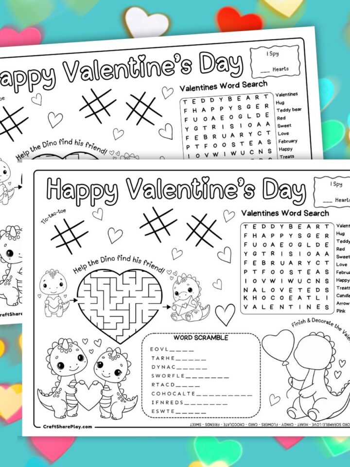 Free printable Valentine dinosaur activity placemat with word search, word scramble, heart maze, tic-tac-toe, and finish-and-decorate dinosaur drawing activity.