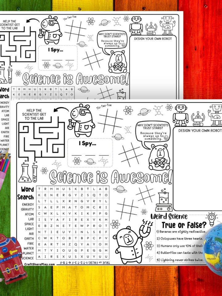 Free printable science activity placemat for kids featuring capybara scientists, a word search, maze, tic-tac-toe, and robot design prompt.