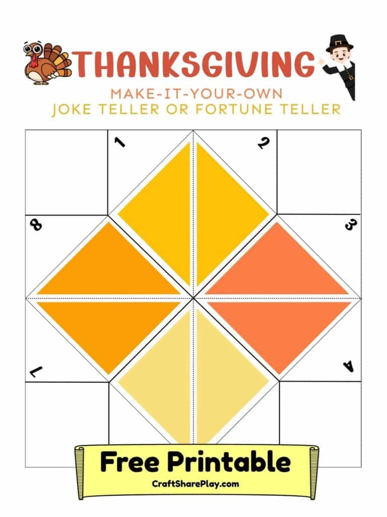 Blank Thanksgiving-themed fortune teller printable with orange and yellow sections, ready for kids to fill in their own jokes or fortunes.