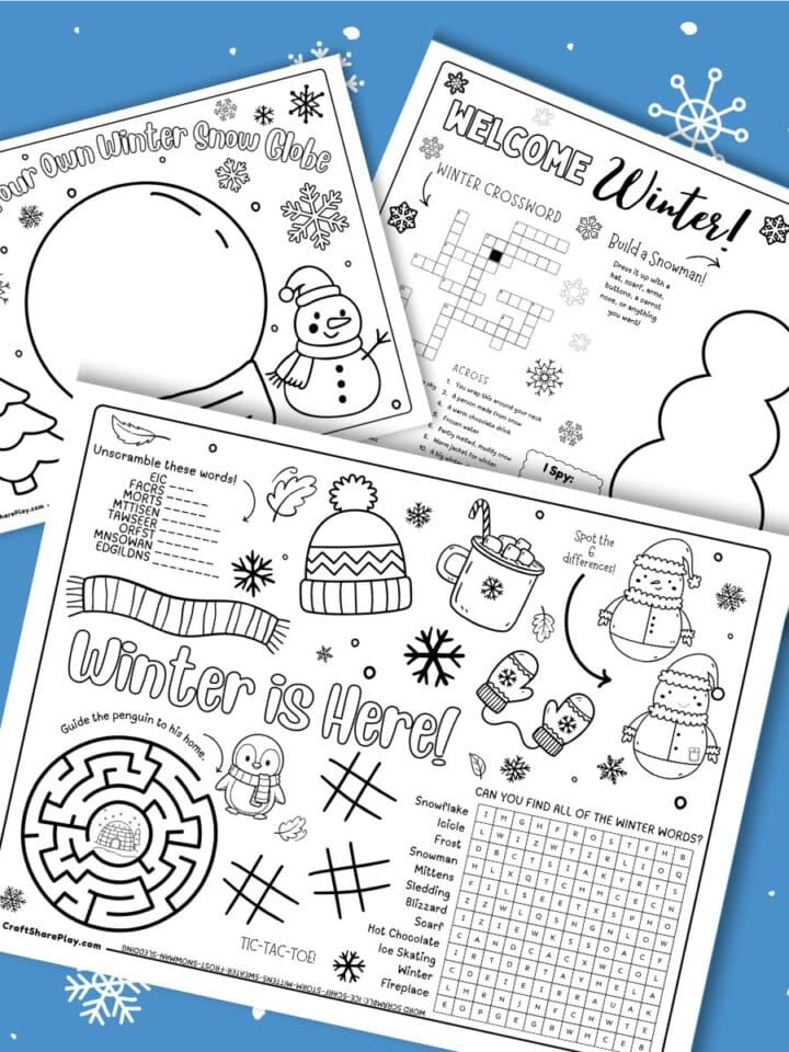Set of three winter themed placemats, including a snow globe coloring page, Welcome Winter crossword, and Winter is Here activity sheet.