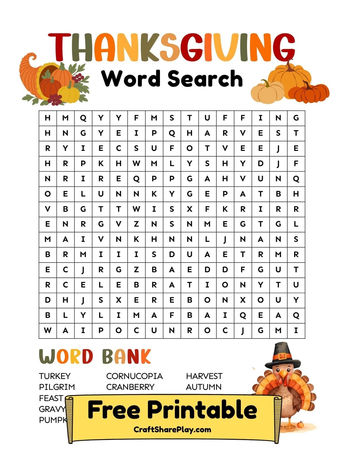 Thanksgiving word search free printable with a letter grid and word bank featuring turkey, pilgrim, feast, gravy, pumpkin, cornucopia, cranberry, harvest, and autumn, decorated with a cornucopia, pumpkins, and a cartoon turkey.