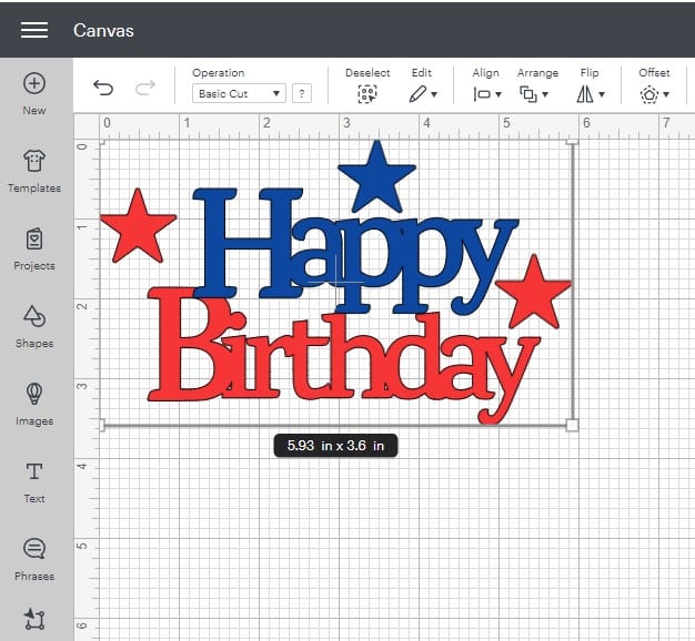 A festive red and blue happy birthday cake banner with stars that will be printed on a Cricut.