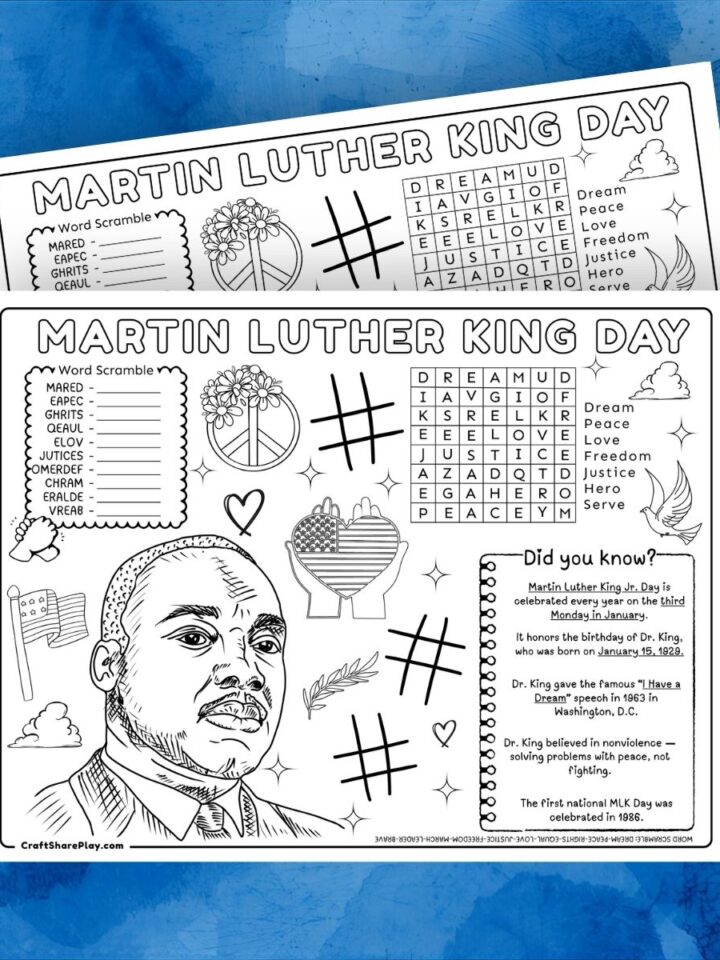 Two Martin Luther King Day activity placemats with MLK portrait, word search, word scramble, peace symbol, dove, and ‘Did You Know?’ facts on a blue background.
