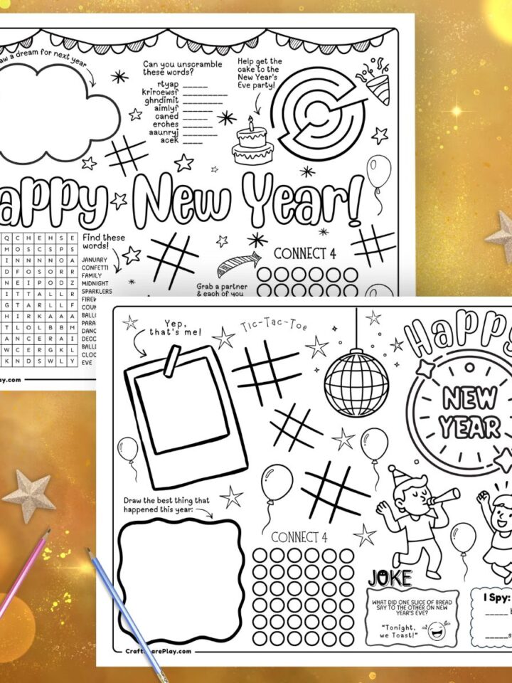New Year’s printable placemats for kids displayed on a gold background, featuring games, puzzles, coloring activities, and Happy New Year designs for New Year’s Eve.